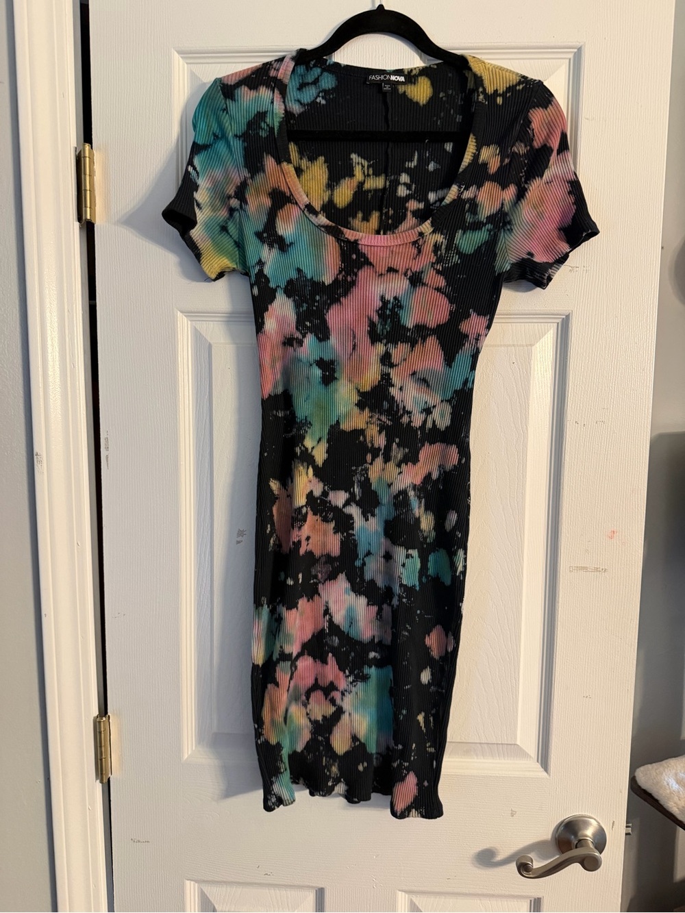 Fashion Nova Black Ribbed Scoop Mini Dress with Pastel Tie-Dye